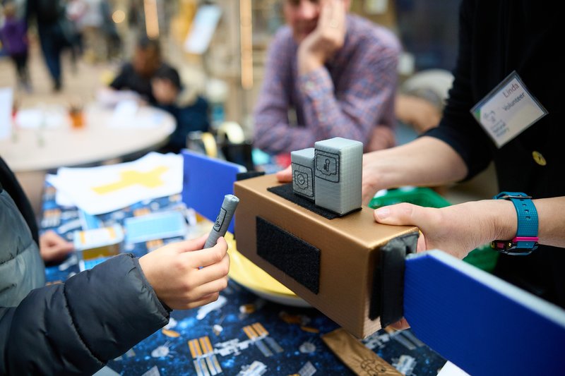 Close up photo of the squishy satellite model from Our World From Space at the Super Science Saturday event at the Oxford Uni Museum of Natural History