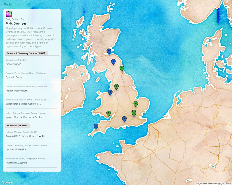 Map of the UK showing science centres and museums delivering M+M projects