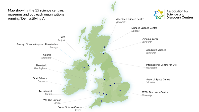 Map of the UK showing the 15 'Demystifying AI' partners