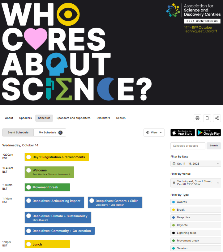 Screenshot of the online schedule. Bright blocks are put along a vertical timeline, labelled with session titles. In this screenshot, we can only see the Day 1 Registration, Welcome, Movement break, Deep dives, and lunch.